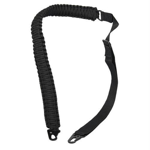 Paracord Rifle Sling is made of 58 feet of 550 paracord and has metal clips to clip onto a rifle. It has an adjustable nylon strap to fit