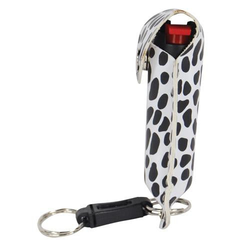 Pepper Shot 1-2 oz fashion leatherette holster and Quick Release Key Chain cheetah black-white