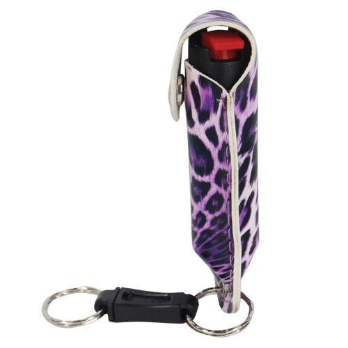 Pepper Shot 1-2 oz fashion leatherette holster and Quick Release Key Chain leopard black-purple