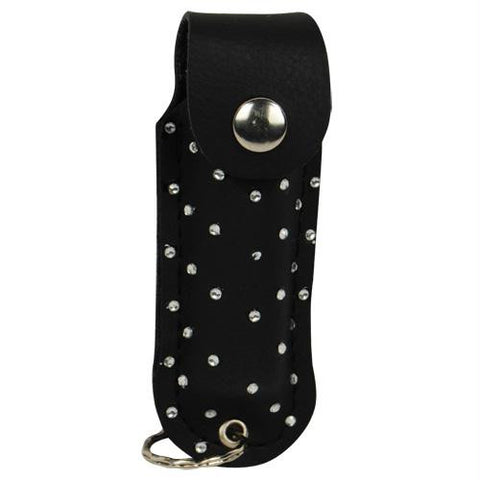 Pepper Shot 1-2 ounce rhinestone leatherette holster black, and key ring. Effective up to 8 feet. Contains 5 one second bursts.