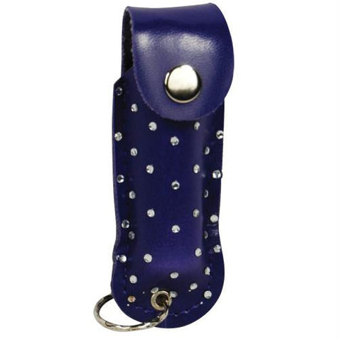 Pepper Shot 1-2 ounce rhinestone leatherette holster blue, and key ring. Effective up to 8 feet. Contains 5 one second bursts.