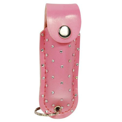 Pepper Shot 1-2 ounce rhinestone leatherette holster pink, and key ring. Effective up to 8 feet. Contains 5 one second bursts.