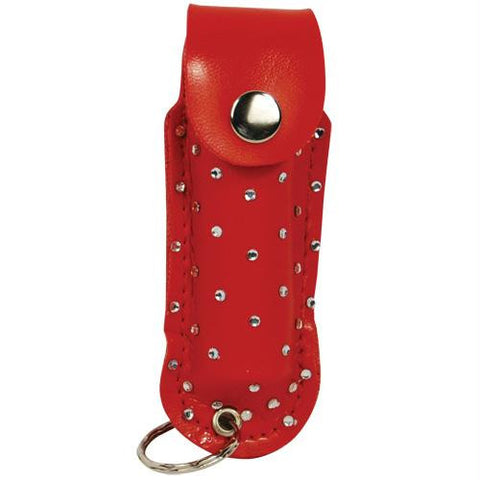 Pepper Shot 1-2 ounce rhinestone leatherette holster red, and key ring. Effective up to 8 feet. Contains 5 one second bursts.